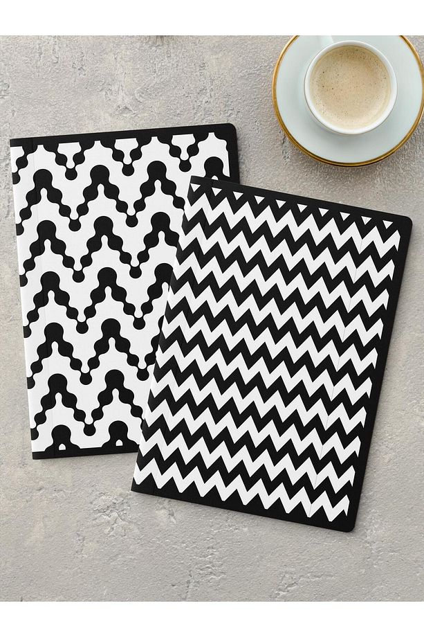 Çizgisiz Defter Seti, 2 Adet Geometrik Desenli Notebook, Not Defteri, Anı Defteri, 64 Sayfa Orta Boy - 1