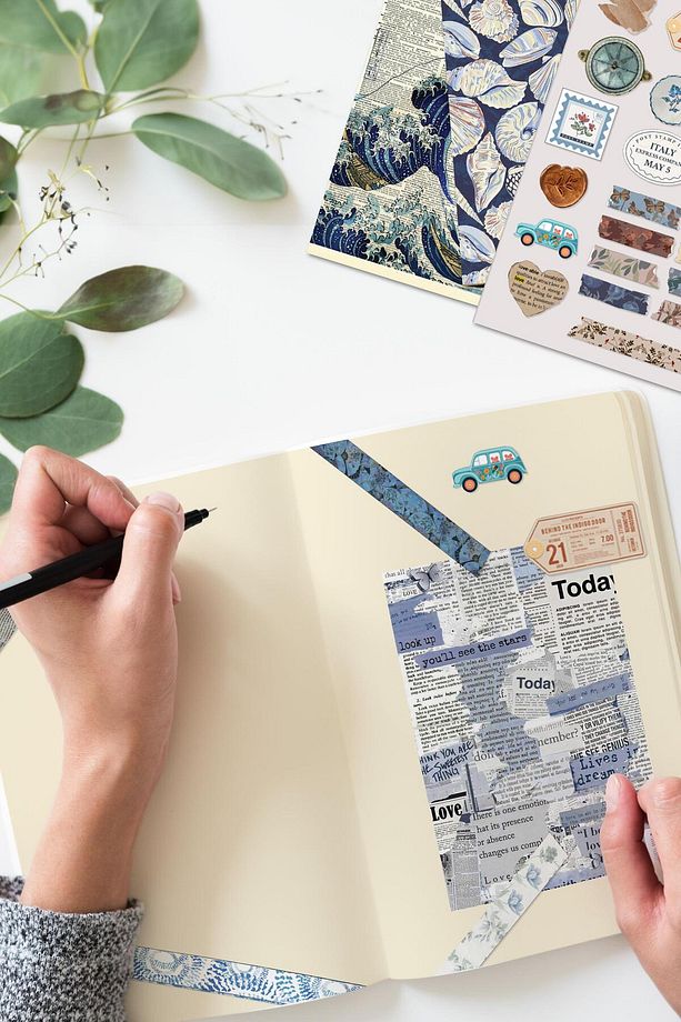 Vintage Journal Defter Seti, Vintage Notebook Seti Mavi, 27 Vintage Kağıt, 30 Adet Vintage Sticker - 4