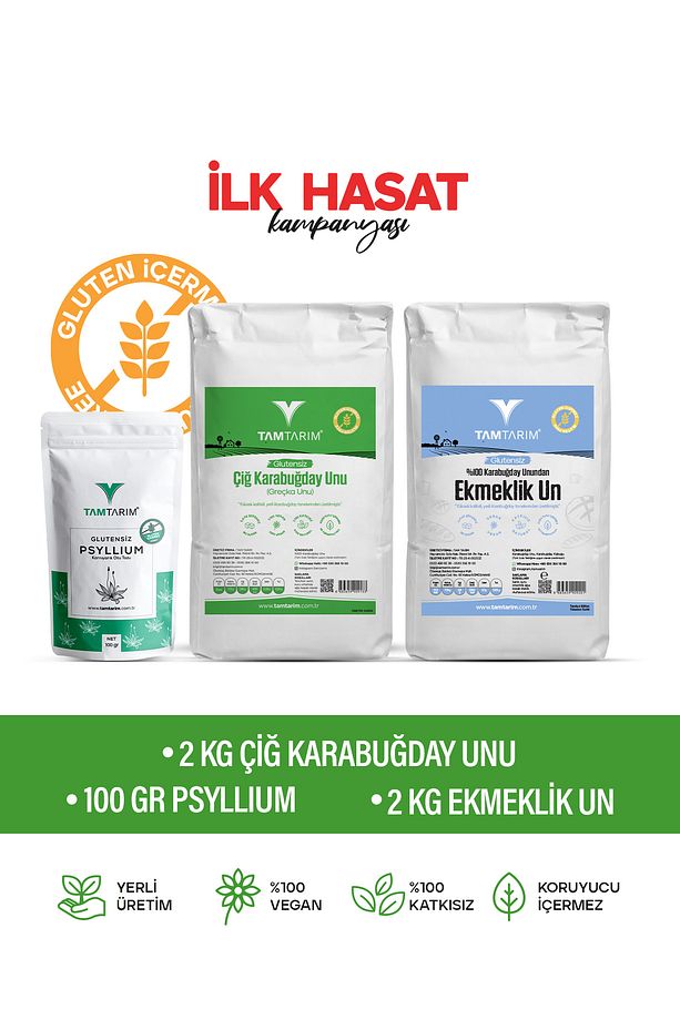 Glutensiz Çiğ Karabuğday Unu 2 Kg – 100% Tam Çiğ Karabuğday Ekmeklik Un 2 Kg – Psyllium 100 gr - 1