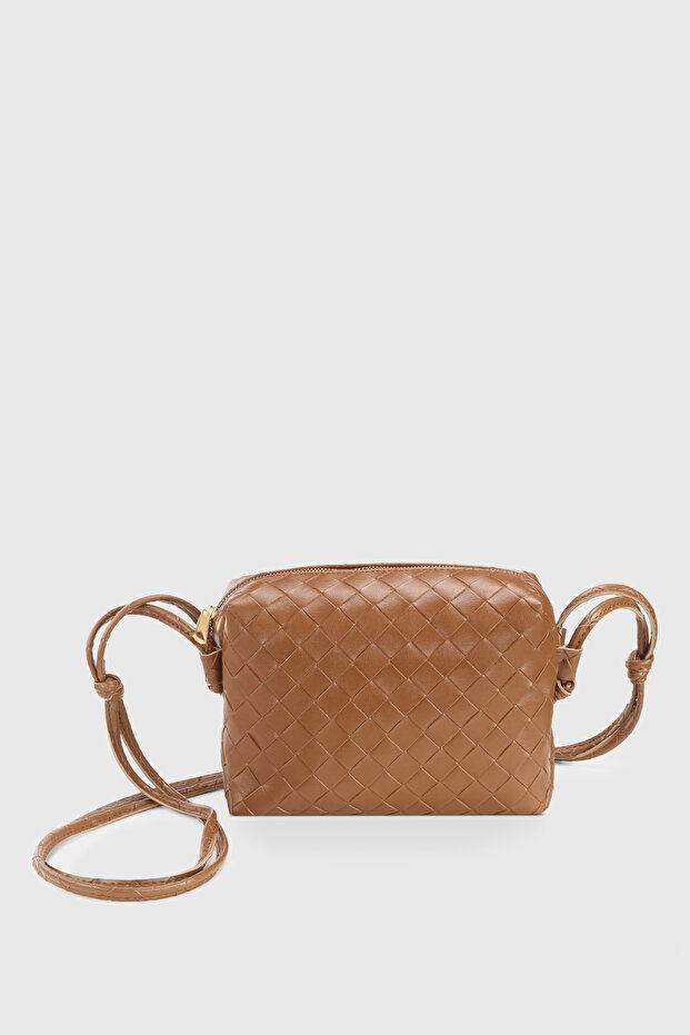 Cross Strap Tan Knitted Detailed Bag - 260