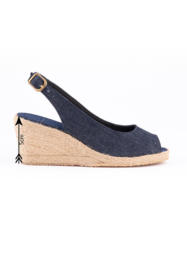 Blue 5cm Heeled Open Toe Back Banded Wedge Heel Jeans Blue Linen Straw Espadrille