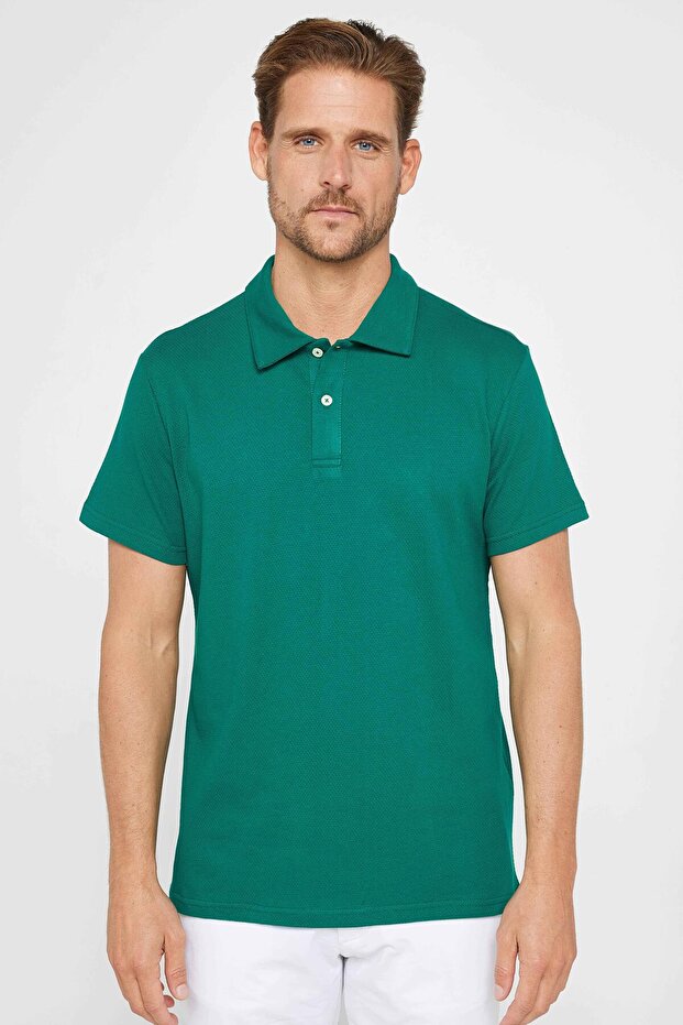 Men's Slim Fit Slim Fit 100% Cotton Patterned Green Polo Collar T-Shirt