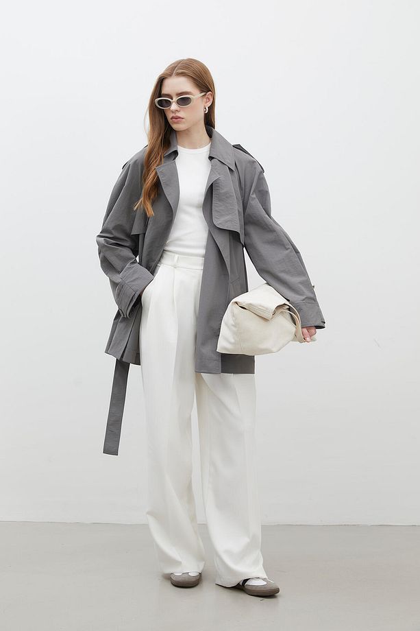LIZBON OVERSIZE KISA TRENÇKOT GRİ - 6