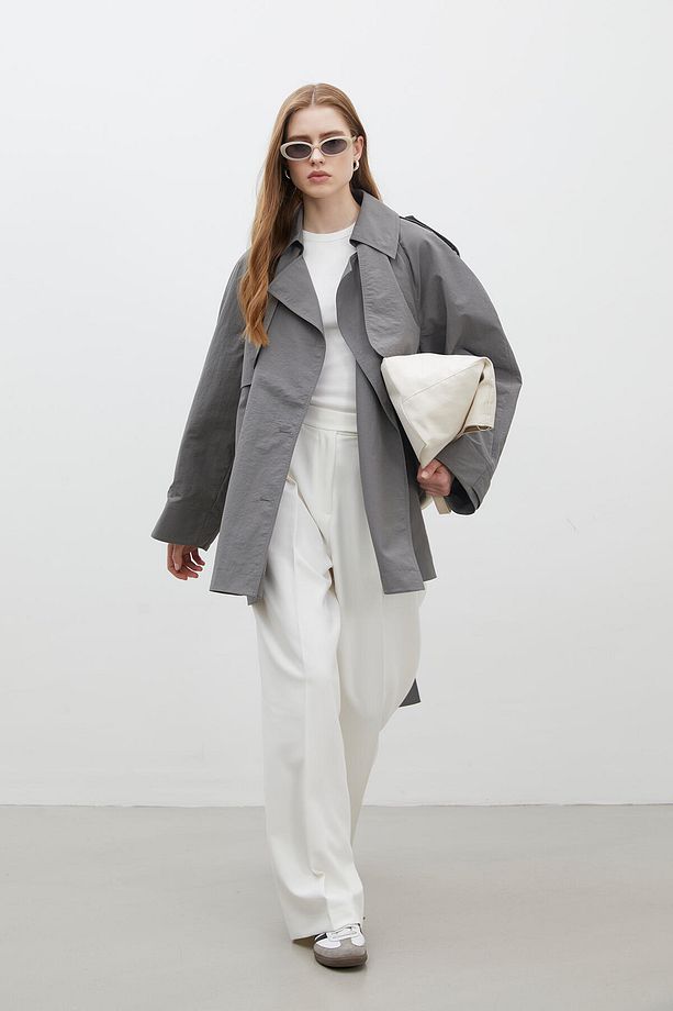 LIZBON OVERSIZE KISA TRENÇKOT GRİ - 7