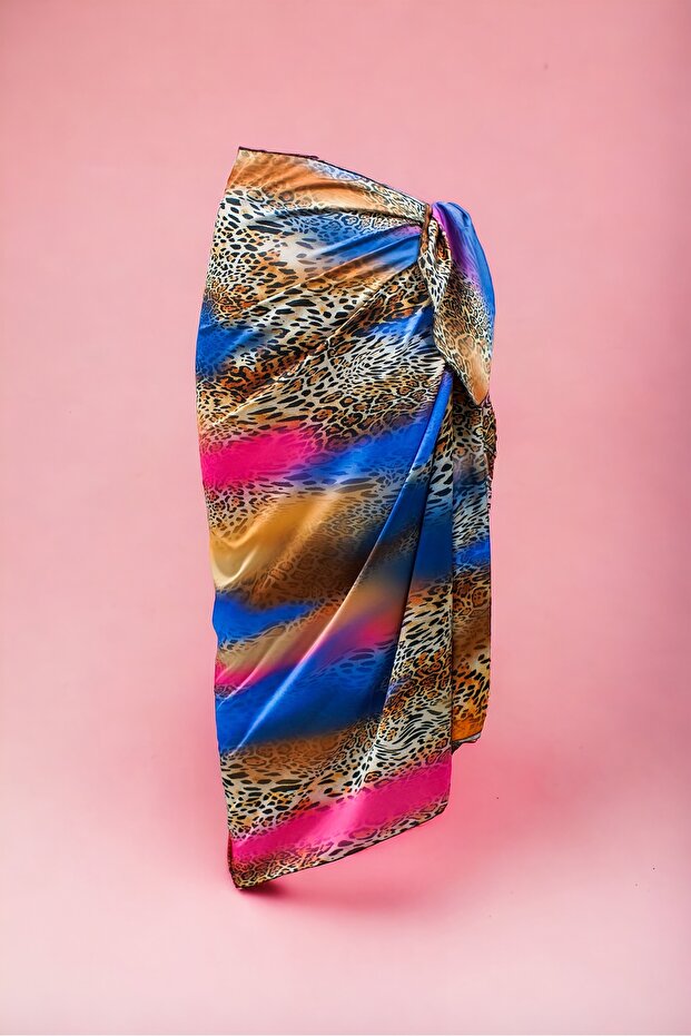 Blue Fuchsia Wavy Leopard Patterned Long Pareo Satin Women's Beach Dress New Season