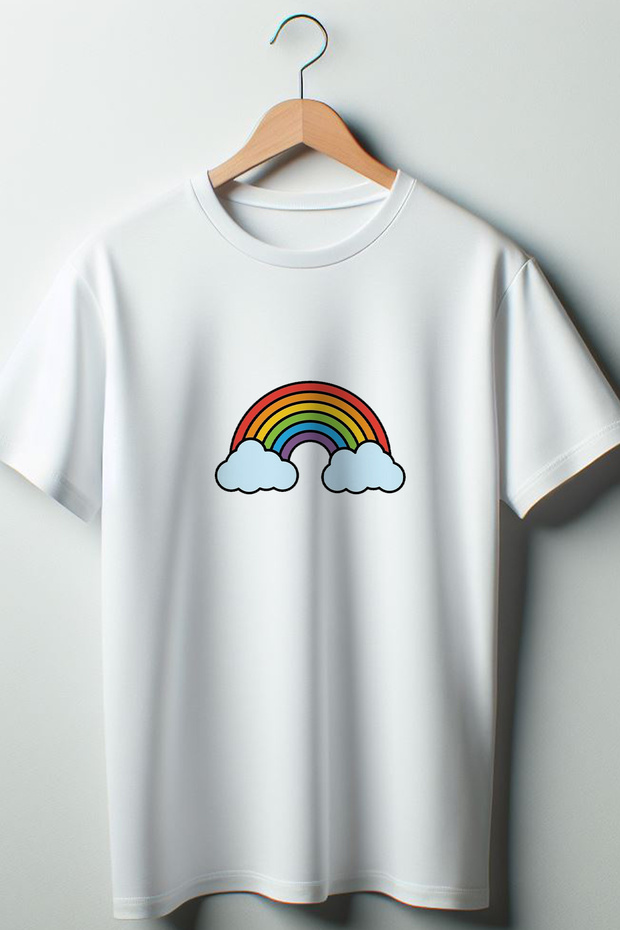 Rainbow Printed Oversize Crew Neck White Tshirt