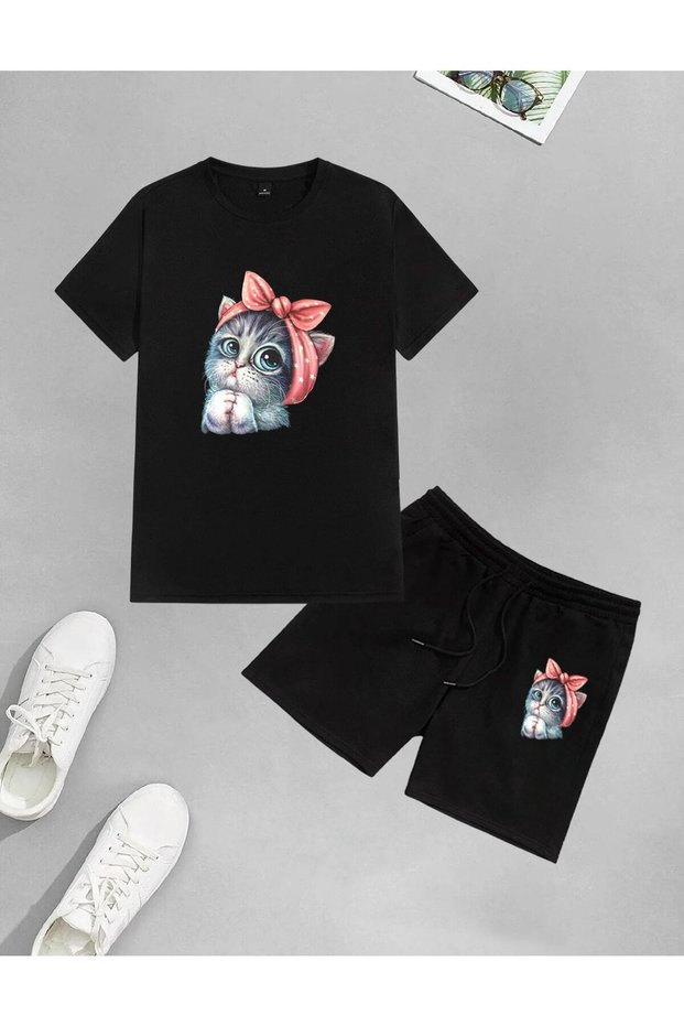 Unisex Cute Little Cat Printed Shorts-T-Shirt Set Oversize