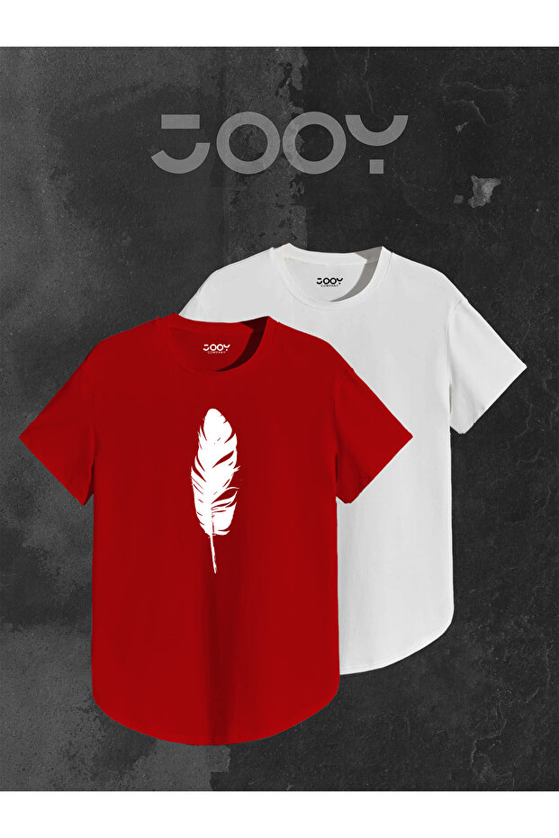 Unisex Red White Oval Cut Feather Design T-shirt Set of Two