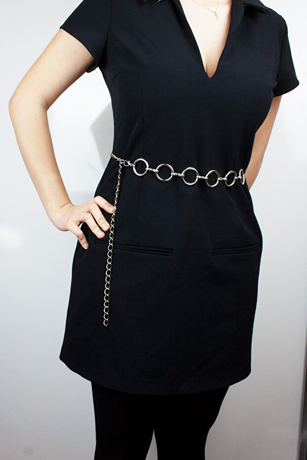 Ring Detail Silver Color Metal Chain Belt
