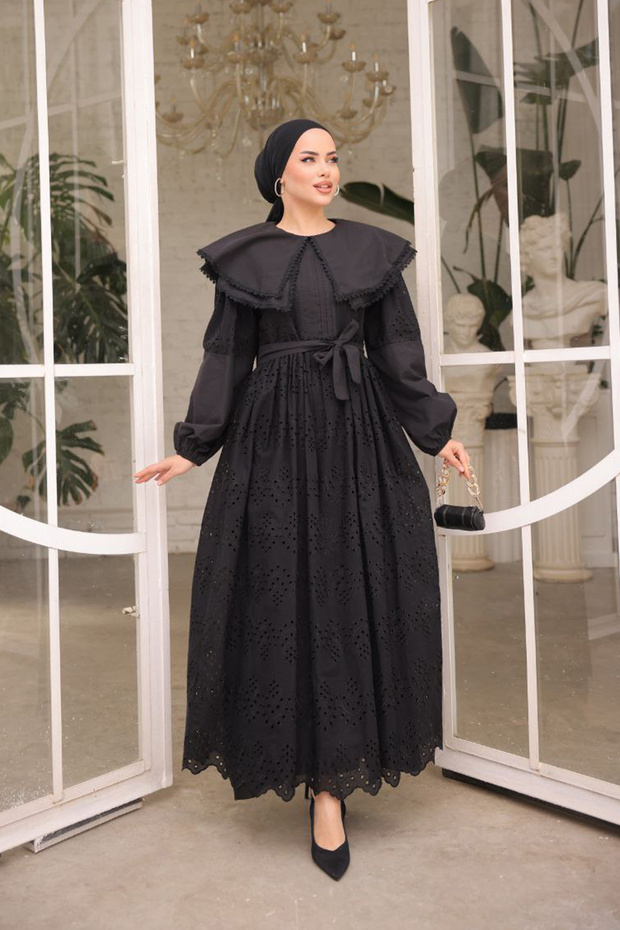 1421 Collar Detailed Lace Dress Black