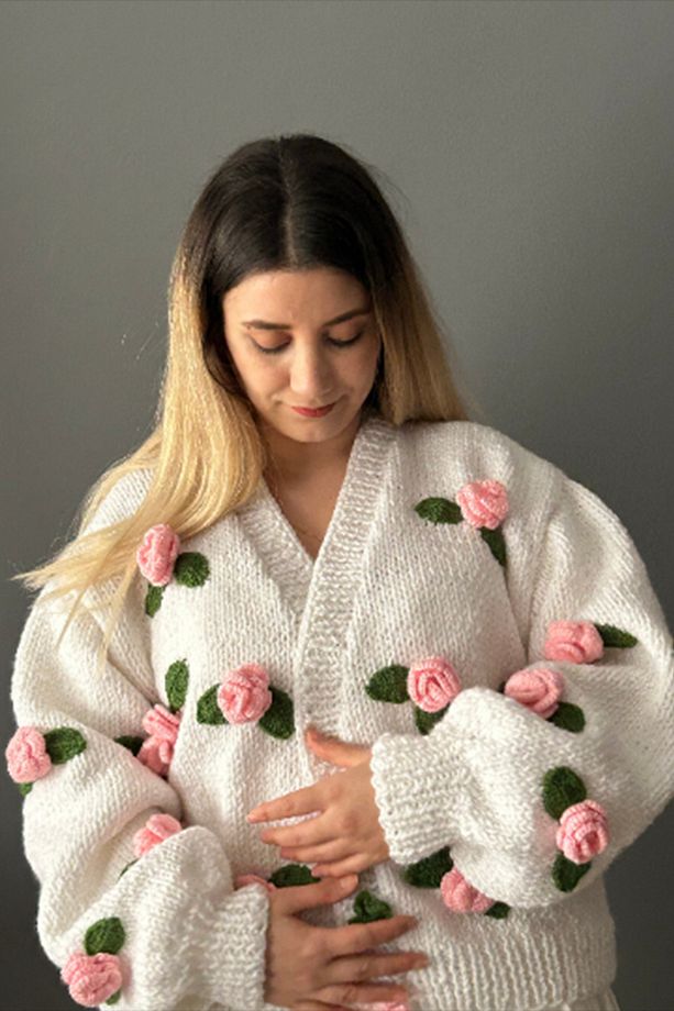 El Örgüsü Pembe Gül Hırka - 8