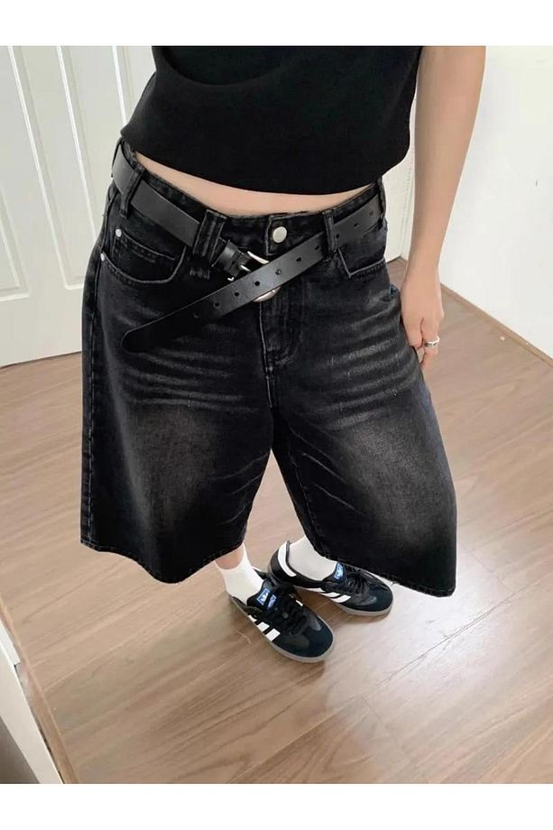 Siyah Yıkamalı Unisex Baggy Oversize Kalıp Kot Pantolon Şort - 2