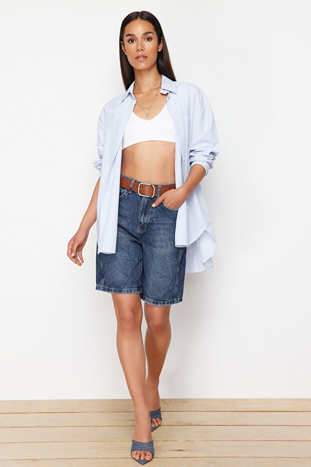 Koyu Mavi More Sustainable Yüksek Bel Denim Bermuda TWOSS24SR00177 - 1