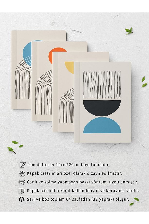 Geometrik Çizgisiz Defter Seti - 4 Adet - 14cm*20cm - 64 Sayfa - 2