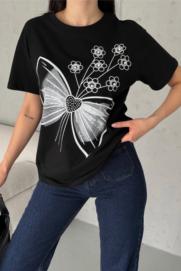 Women's Black Butterfly and Flower Patterned Pearl Stone Detailed Cotton T-Shirt
