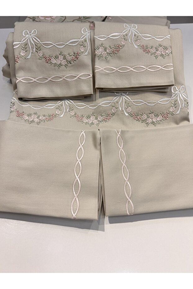 100% Cotton Satin Embroidery Embroidered Duvet Cover Set - Double / 6 Pieces // | Luxury Quality / Elegance