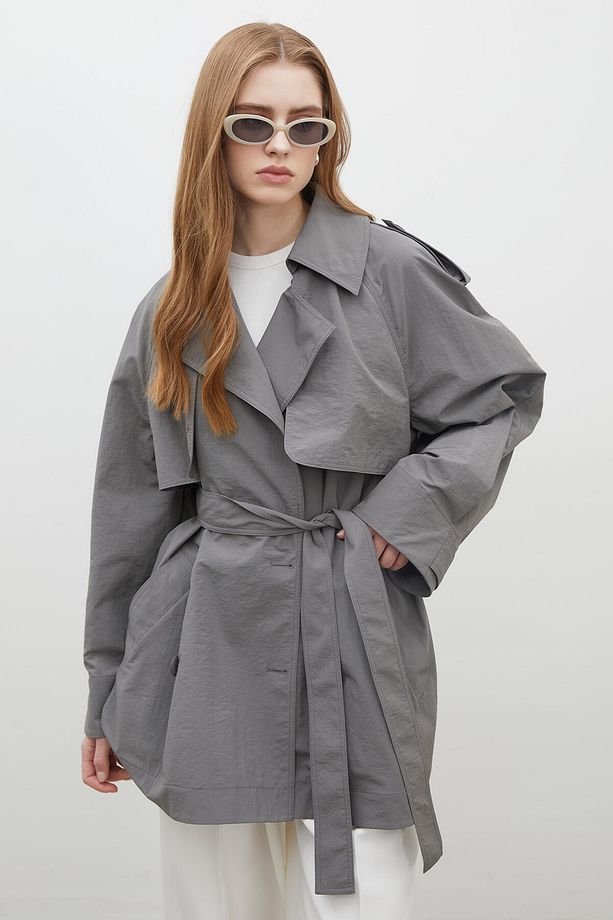 LIZBON OVERSIZE KISA TRENÇKOT GRİ - 1