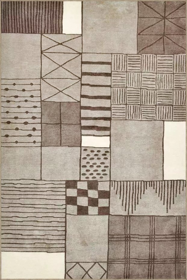 Geometric Brown Checkered Patterned Woven Base Carpet Miravip1001