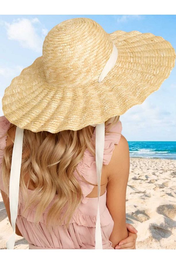Kadın Vintage Dalgalı Ruffles Model El Yapımı Organik Hasır Şapka - 7