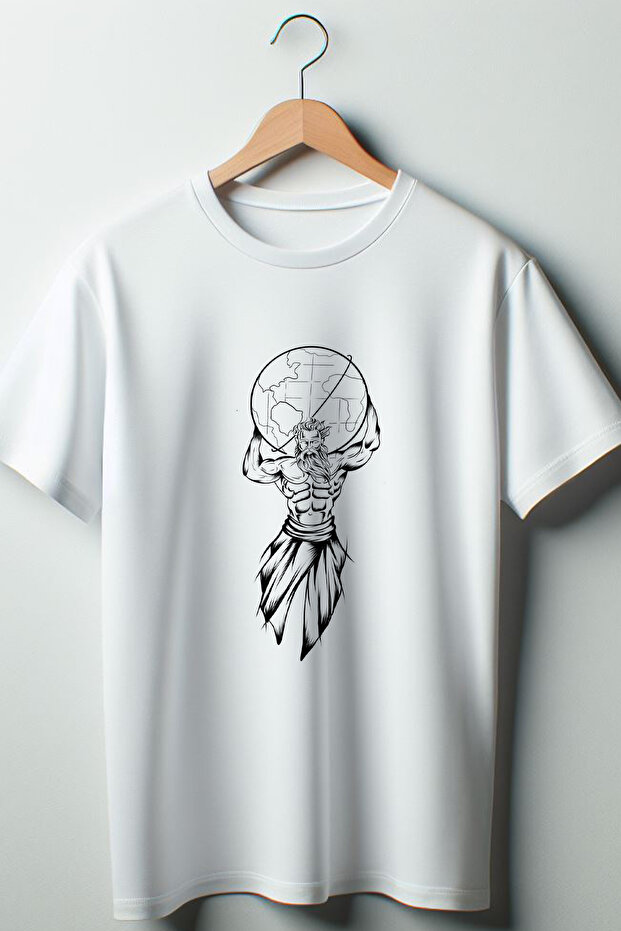Atlas Printed Oversize Crew Neck White Tshirt