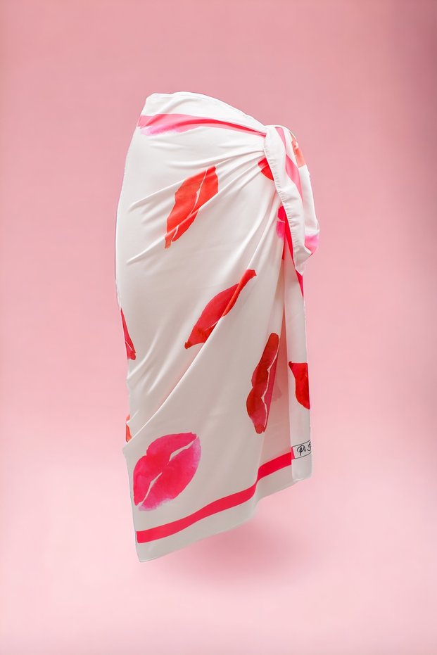 New Season - White Satin Women's Beach Dress, Big Lip and Panel Print Long Pareo