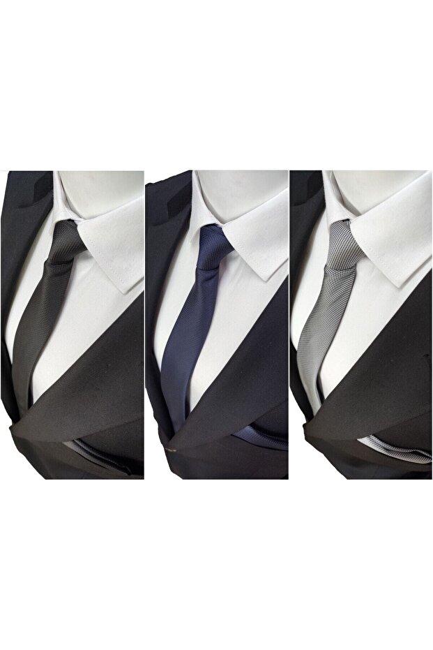 Black Navy Blue Silver Gray Color 3-Piece Dobby Tie And Handkerchief Set