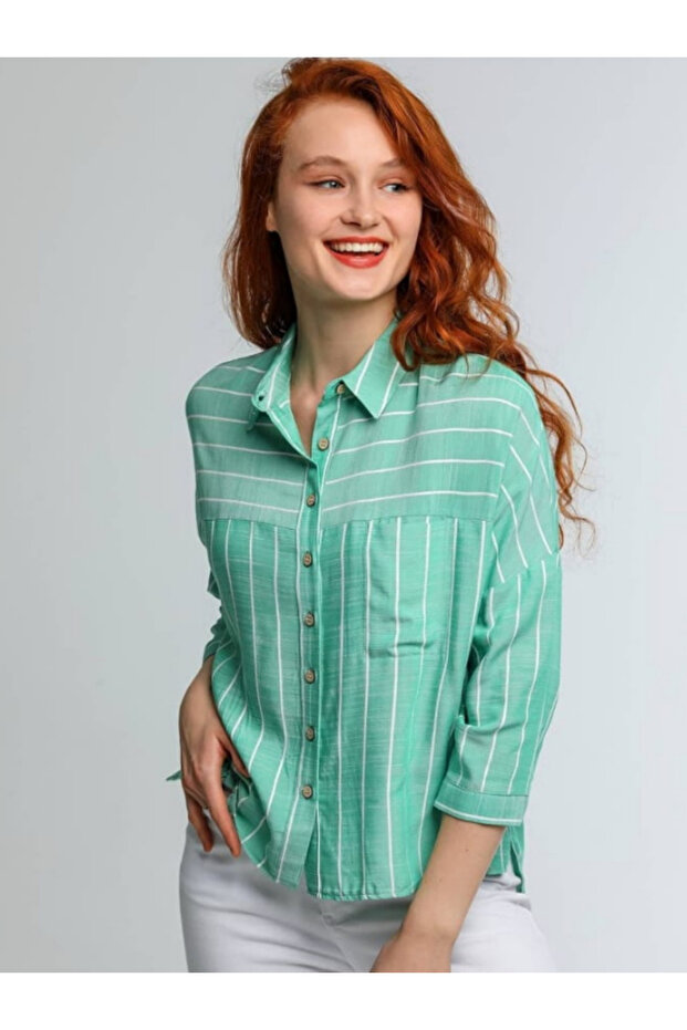 Çizgili Mint Yeşilli Gömlek - 1