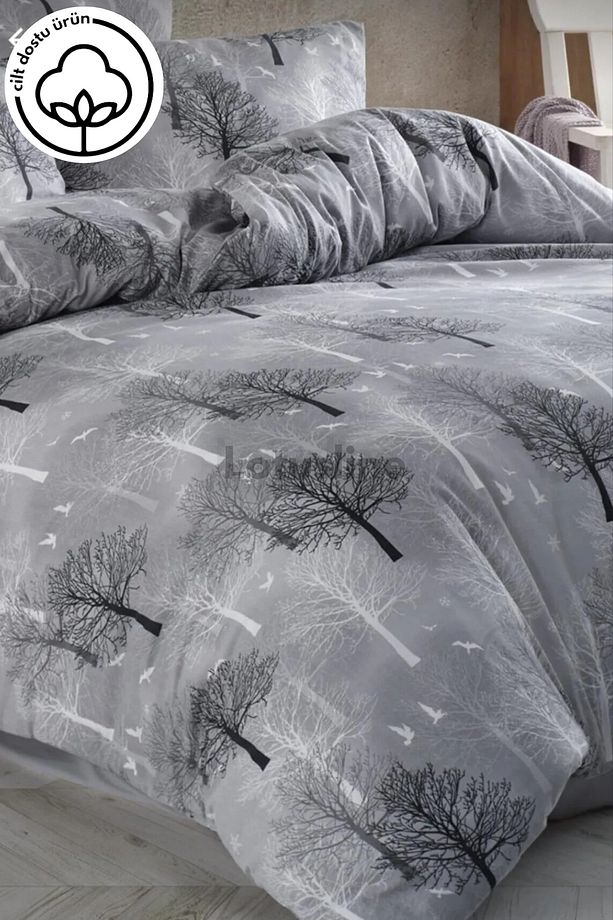 Home Gri Tek Kişilik Ağaç Desen Lüks Pamuklu Nevresim Takımı - Seti - 1