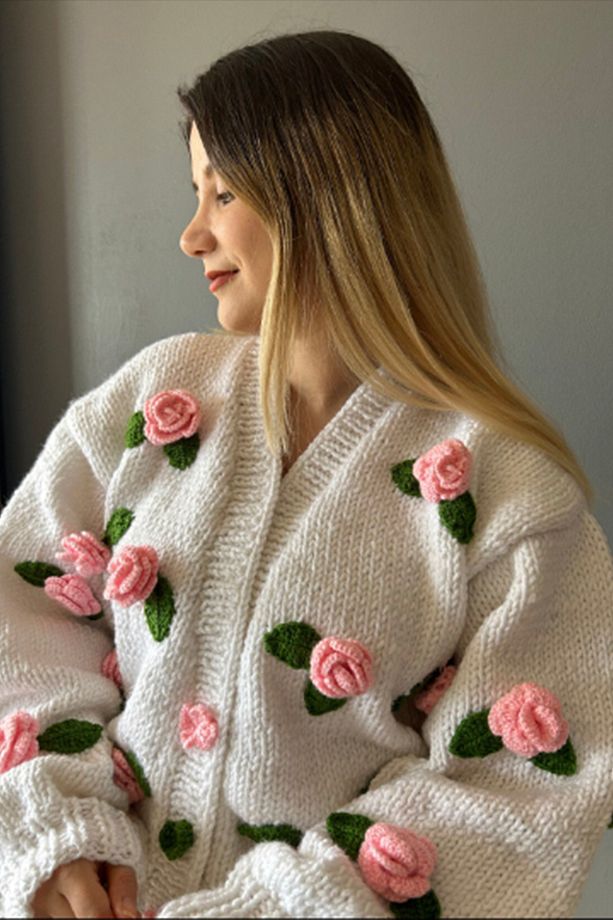 El Örgüsü Pembe Gül Hırka - 1