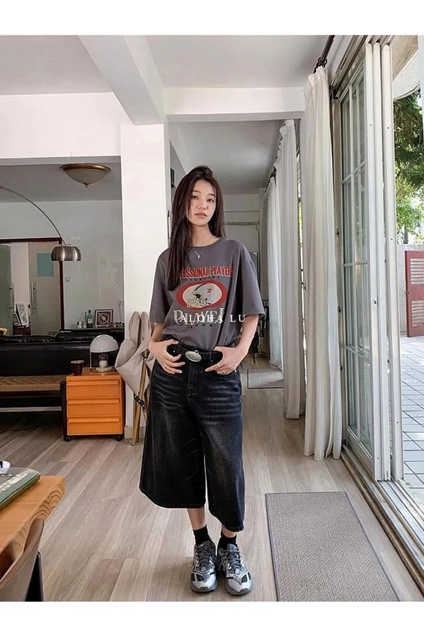 Siyah Yıkamalı Unisex Baggy Oversize Kalıp Kot Pantolon Şort - 3