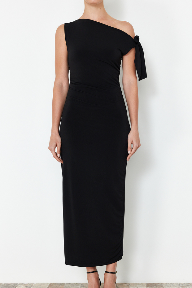 Siyah Fitted/Vücuda Oturan Örme Maxi Esnek Kalem Elbise TWOSS24EL00563 - 5