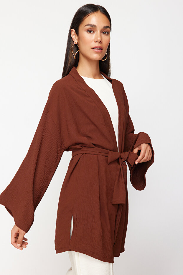 Kahverengi Dokuma Keten Görünümlü Kimono TCTSS24KK00004 - 3