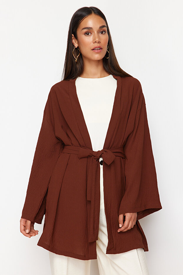 Kahverengi Dokuma Keten Görünümlü Kimono TCTSS24KK00004 - 2