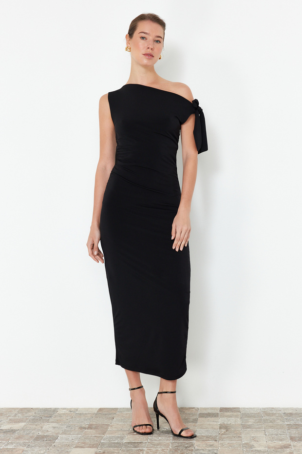 Siyah Fitted/Vücuda Oturan Örme Maxi Esnek Kalem Elbise TWOSS24EL00563 - 2