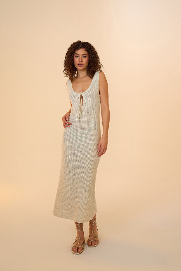 Noor Simli Triko Örme Bej Elbise - 3