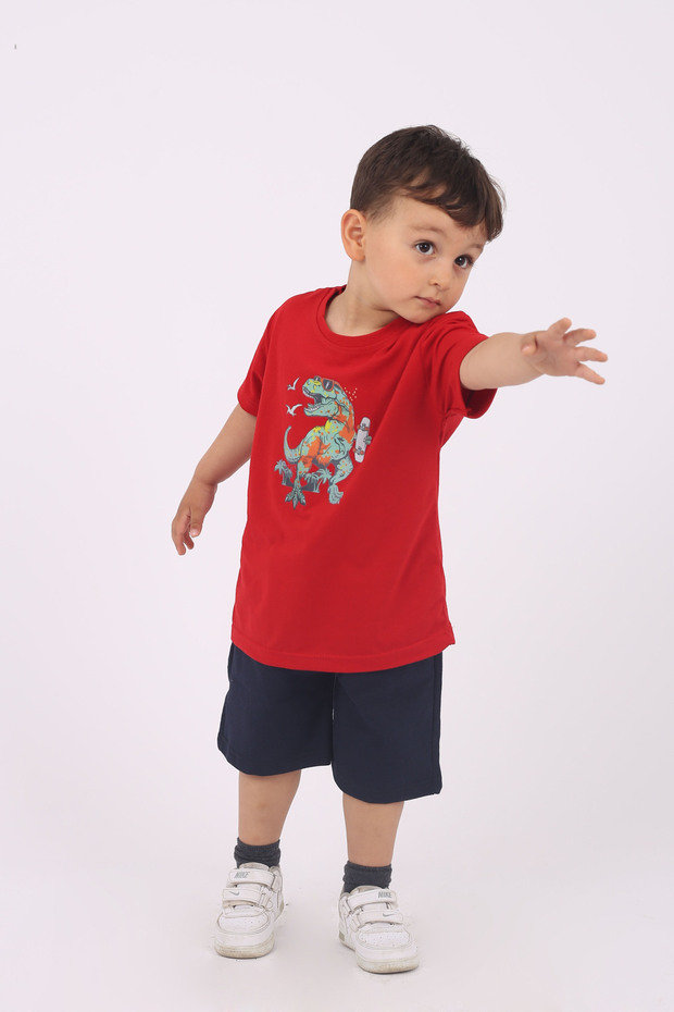 Buseyiz Dinosaur Printed Cotton and Pocket Boy's Summer Top and Bottom Set 5-10 Years