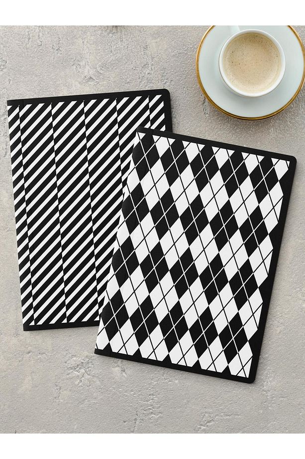 Çizgisiz Defter Seti, 2 Adet Geometrik Desenli Notebook, Not Defteri, Anı Defteri, 64 Sayfa Orta Boy - 1