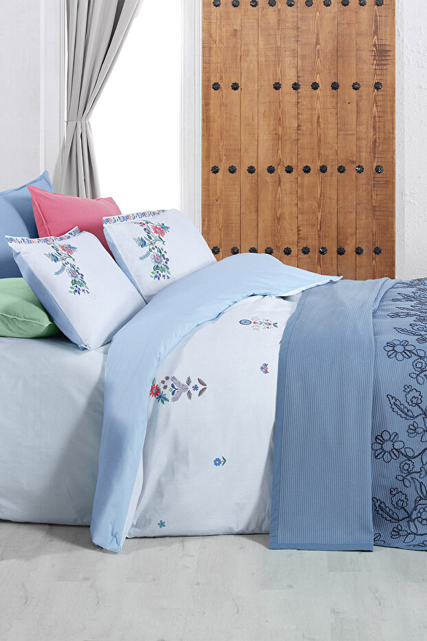 Eva Mia Mavi Tek Kişilik %100 Pamuk Nevresim Takımı ve Pike Seti - 4