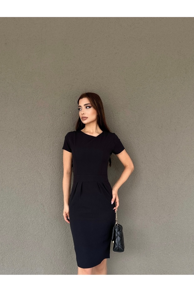 Crew Neck Waist Detail Midi Office Dress