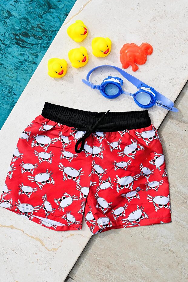 Boy's Red Crab Printed Waist Lace-up Swim Shorts