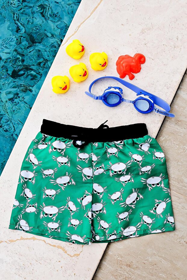 Boy's Green Crab Printed Waist Lace-up Swim Shorts
