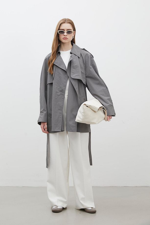 LIZBON OVERSIZE KISA TRENÇKOT GRİ - 2