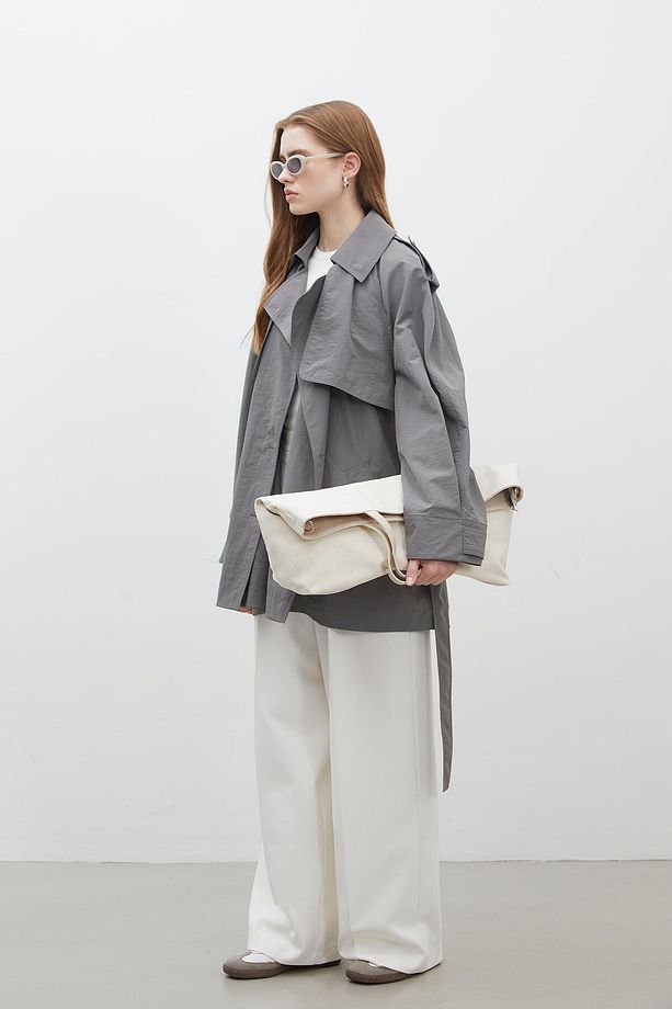 LIZBON OVERSIZE KISA TRENÇKOT GRİ - 3