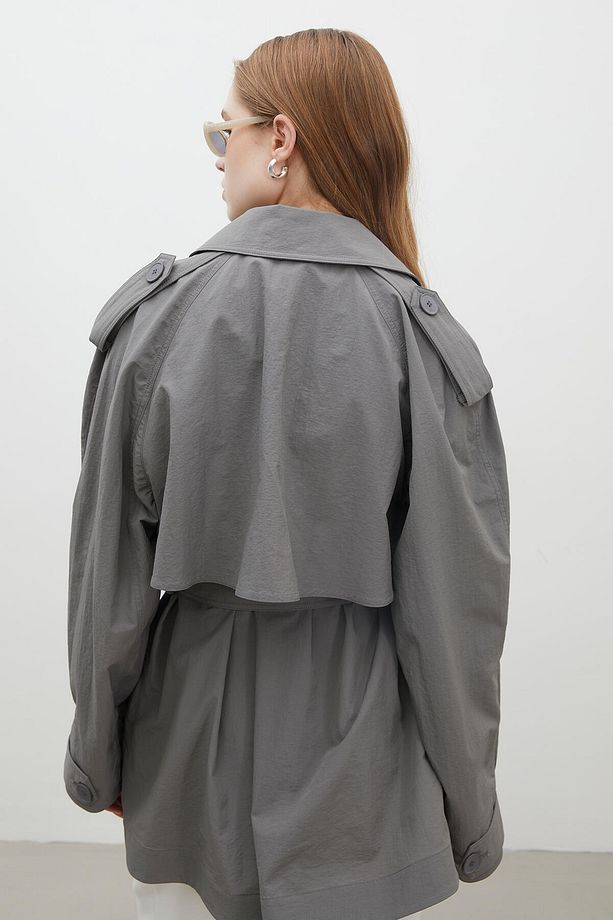 LIZBON OVERSIZE KISA TRENÇKOT GRİ - 8