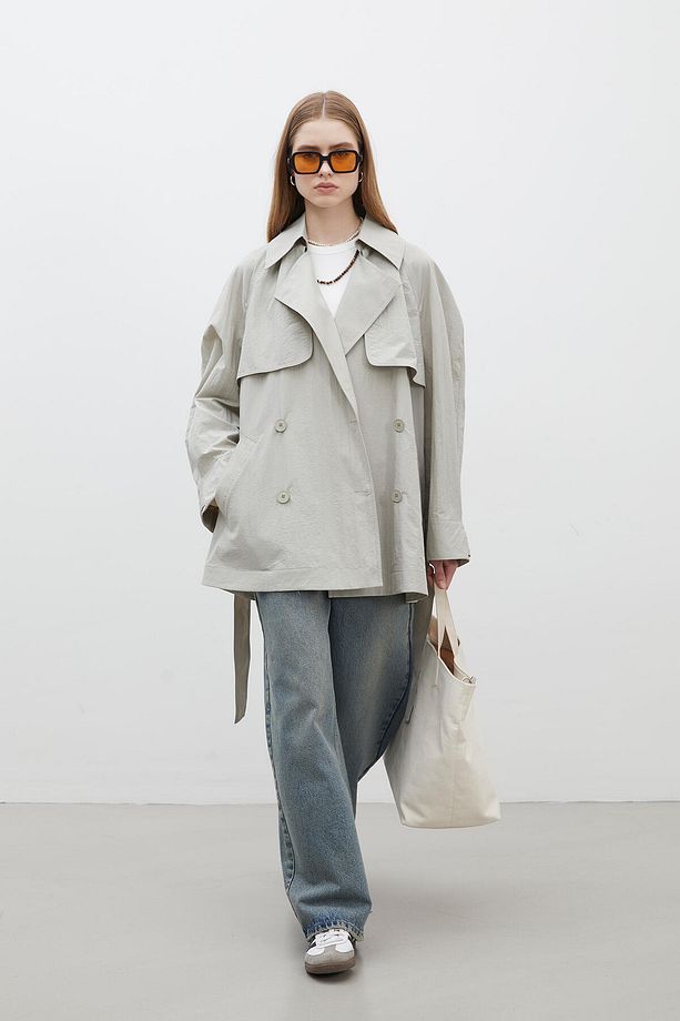 LIZBON OVERSIZE KISA TRENÇKOT YEŞİL - 5