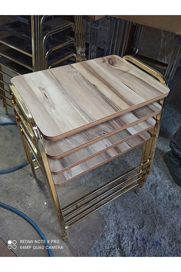 4'lü Zigon Sehpa Tepsi Zigon Model Sarı Nikelaj Kaplama Metal Ayaklı Ahşap Desen - 1