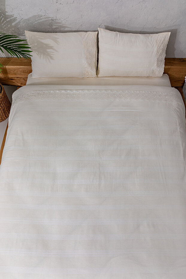 Cream Vintage 100% Cotton Embroidered Double Sheet Duvet Cover Set