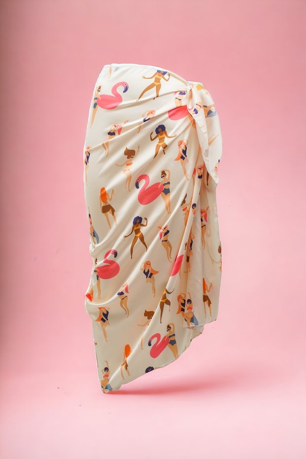 Cream Dancing Girls Flamingo Print Long Pareo Satin Women's Beach Dress New Season