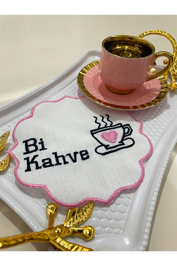 6 Adet Bi Kahve? Desenli Keten Kahve Yanı Sunum Peçetesi - 1