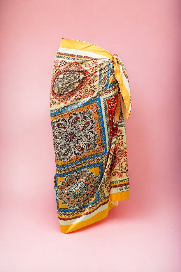 Yellow Ethnic Panel Patterned Long Pareo Satin Women's Beach Dress New Season